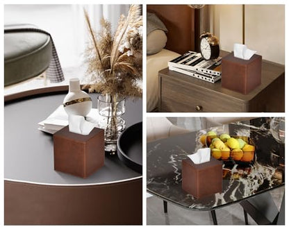 Tissue Box Cover Square PU Leather Facial Tissue Box Holder for Dresser Bathroom Decor (Brown)