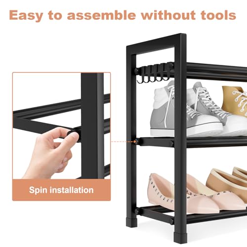 LANTEFUL 3-Tier Expandable Shoe Rack for Closet, Adjustable 18"-33" Metal Shoe Organizer for 12 Pairs, Shoe Shelf for Small Spaces, Entryway, Bedroom with 5 Hooks