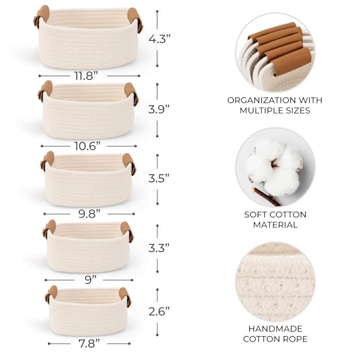 Beautiful Storage Basket Set of 5 - Sturdy Cotton Rope Baskets for Shelves | Perfect for Organizing Your Home - Quality Storage Bins Easily Fit with Any Nursery or Bedroom Decor