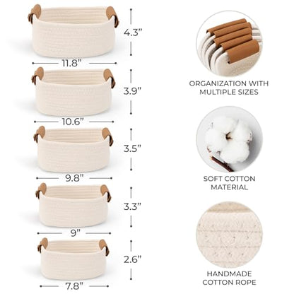 Beautiful Storage Basket Set of 5 - Sturdy Cotton Rope Baskets for Shelves | Perfect for Organizing Your Home - Quality Storage Bins Easily Fit with Any Nursery or Bedroom Decor