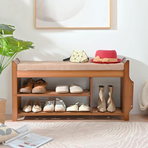 Shoe Bench with Hidden Drawer and Side Holder, 2 Tier Entryway Bench with Storage 39.4 in, Bamboo Shoe Rack with Cushion for Entryway Hallway Living Room Bedroom