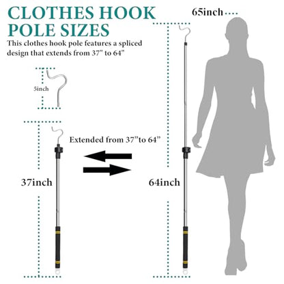 Clothes Hanger Reaching Hook Telescopic Adjustment clothes hook pole Light and can Extend from 37" to 65" with 4.7 "Hook and Sponge Handle.