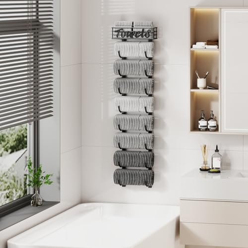 Hanging Towel Racks for Bathroom - 9 Tier Over the Door & Wall Mounted Bath Rolled Towel Storage Organizer Holder for Small Bathroom, RV, Camper, Black (Patented)
