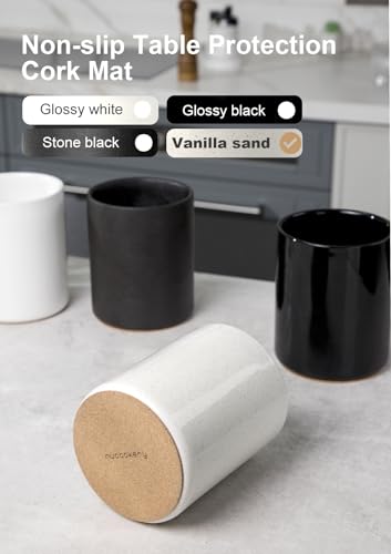 Nucookery Ceramic Kitchen Utensil Holder for Countertop Organizer 6.4" Sand | cooking utensil crock for kitchen counter, sturdy non-slip base,easy to clean,vintage farmhouse kitchen decor, Christmas Gift