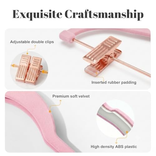 HOUSE DAY Pants Hangers with Clips 24 Pack, with Rose Gold Hook and Clips | Non Slip Velvet Flocked, Swivel Hook, Space Saving, Rubber Padded Clips, For Pants, Skirt, Shorts, Coat, Outfit - Pink