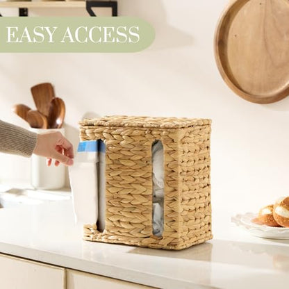 YANGQIHOME Water Hyacinth Trash Bag Dispenser with Lid | Plastic Bag Holder, Grocery Bag Holder, For Kitchen, Cabinet and Countertop, 2 Slots