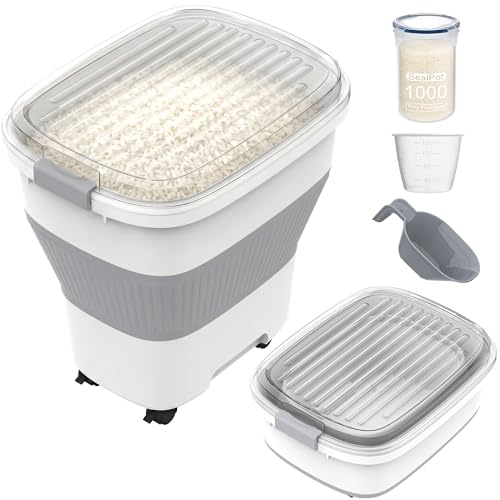 HOYTAMDAR 50Lbs Collapsible Rice Container,Airtight Food Storage container | Rice Storage Container with Clear Lid,Rolling Wheels,Small Bin & Measuring Scoop,Rice Dispenser for Pet Food Rice Flour