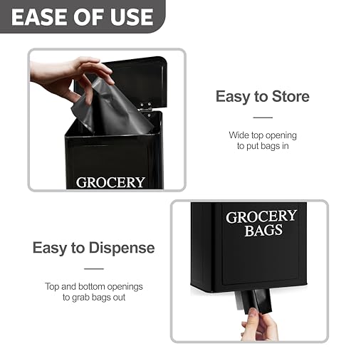Calindiana Modern Farmhouse Metal Magnetic Grocery Bags Holder for Plastic Bags with LId and Kitchen Organizer and Storage Wall Mount Grocery Bag Dispenser Space Saving, Black