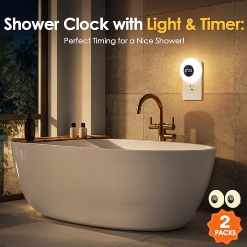 One Fire 【2 Pack】 Bathroom Clock,10 Levels Dimmable+3 Light Colors+Remote Shower Clock+Bathroom Shower Timer, 90 Lumen Shower Lights, Aora Night Light, Small Clock Plug in Timer, Dimmable Night Light
