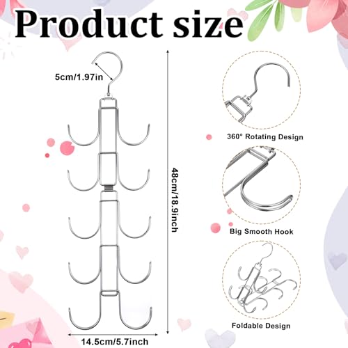 4 Pack Purse Organizer for Closet, Purse Hanger with 10 Big Hooks, 360 Degree Rotation Bag Holder for Organizer Display, Foldable Space Saving Hangers Rack for Handbag, Belt, Scarve, Tie