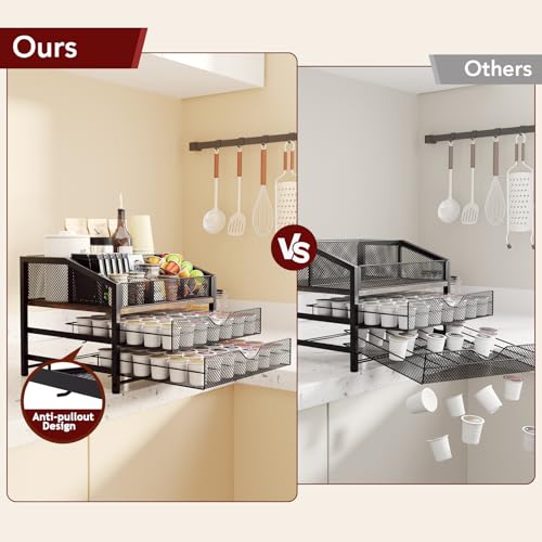 Coffee Bar Organizer - Coffee Station for Countertop, Metal and Wood K Cup holder Storage Basket for Coffee Pods, Syrup, Cups, Stirrer, Coffee Condiment, Tea Organizer, Black and Brown