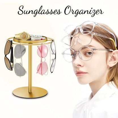Metal Sunglasses Organizer, Glasses Holder Stand with Storgae Tray, Eyeglasses Holder with Anti-Slip Pads for Tabletop, Desk, Dresser, Gold
