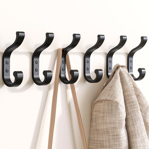 bussdis Wall-Mount Coat Hooks, Heavy Duty 30LB Hooks for Hanging Coats, Bags, Backpacks, Keys, Hats – Black Metal Hooks for Wall,Door (6 Pack)