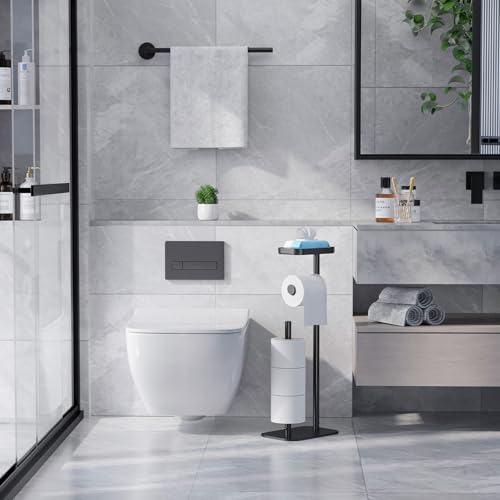 Kitsure Metal Toilet Paper Holder Free Standing, Medium, Black | Rustproof Toilet Paper Stand for 4 Rolls, Bathroom Organizers and Storage with Anti-Slip Base and Plastic Shelf