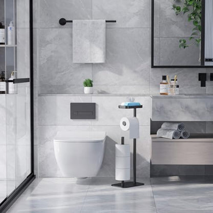 Kitsure Metal Toilet Paper Holder Free Standing, Medium, Black | Rustproof Toilet Paper Stand for 4 Rolls, Bathroom Organizers and Storage with Anti-Slip Base and Plastic Shelf