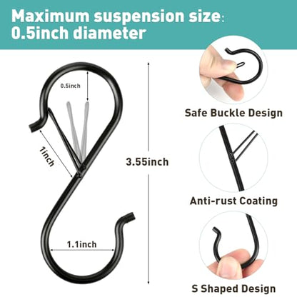 60 Pcs S Hooks for Hanging Heavy Duty, Metal S Hook with Safety Buckle | 3.5-inch S Hook for Hanging Plants, Suitable for 0.5 inch Rods, Purse Hooks, Perfect for Closet, Kitchen, Pot, Pan, Bags