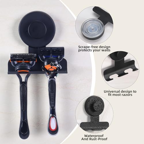 Razor Holder for Shower, Stainless Steel No-Drill Shaver Hook | Heavy-duty damage-free on tiles/glass; Holds razor/shaver, towel & loofah; Reusable, rust-resistant; 2Pcs Matte Black