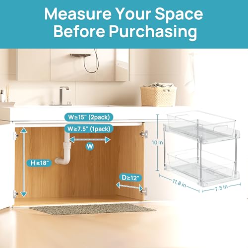 Vtopmart 2 Pack Pull Out Bathroom Under Sink Organizer (S-Standard) | Slide-out drawers, Multi-purpose storage, Clear visibility, Easy Set-up