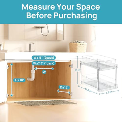 Vtopmart 2 Pack Pull Out Bathroom Under Sink Organizer (S-Standard) | Slide-out drawers, Multi-purpose storage, Clear visibility, Easy Set-up