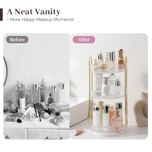 Aveniee 3-Tier 360° Rotating Makeup Organizer, Clear Spinning Perfume Cosmetic Storage for Vanity Countertop, Sturdy Metal Pole Skincare Holder Stand for Bathroom Dresser, White