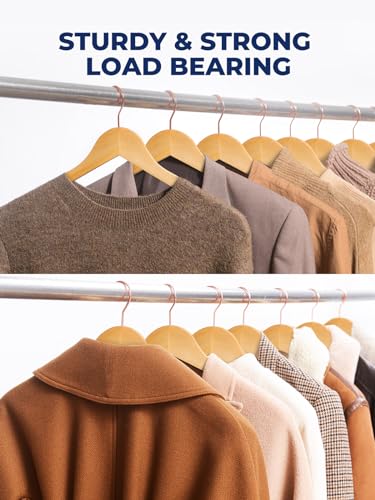 Wooden Hangers 10 Pack, Solid Wood Coat Hanger for Closet, Heavy Duty Wood Hangers for Suits, Shirts, Dresses, with 360° Rose Gold Hook, Non Slip Pant Bar, Natural