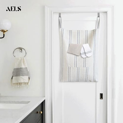 Farmhouse Hanging Laundry Hamper with 2 Hooks, Boho Beige & Blue Stripes Laundry Bag with Zipper & Wide Open Top, Over the Door Organizer for Dirty Clothes, Washable Space Saving Storage