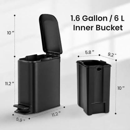 TIPGO Slim Bathroom Trash Can with Lid Soft Close, Step Pedal, 6 Liter / 1.6 Gallon Stainless Steel Garbage Can with Removable Inner Bucket, Anti-Fingerprint Finish (Matte Black)