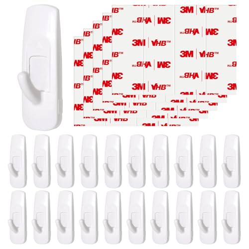 20 Medium Hooks for Hanging, Adhesive Wall Strips Hooks Heavy Duty, no Damage Sticky Utility with 24 Strips for Bathroom Towel，Coat，Door，Key