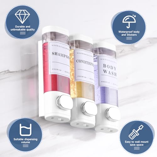 Shower Soap Dispenser Wall Mounted No Drill Shampoo Dispenser for Shower Wall Shampoo and Conditioner Dispenser Bathroom Hotel 3 * 300ml White with Labels