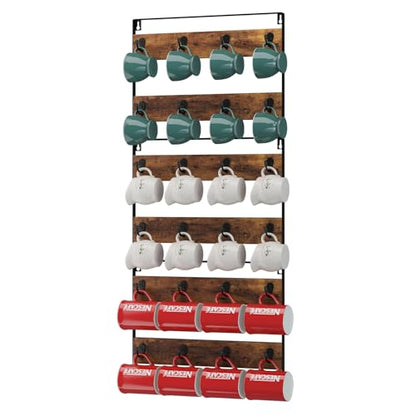 IBUYKE Coffee Mug Holder Wall Mounted,Set of 3,24 Hooks,Brown TBJ005H-3 | Mug Racks for Wall Rustic Wood Coffee Mug Rack Display Organizer for Kitchen Home Bar Coffee Station
