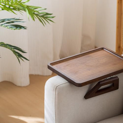 Bamboo Sofa Arm Tray Table, Foldable Clip-on Side Table, Wide Couch Cup Holder (Brown)
