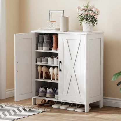 Farmhouse Shoe Cabinet with 2 Barn Doors & Wood Legs | Tall 4-Tier Shoe Storage Cabinet, 3 Adjustable Shelves, Shoe Rack Organizer, for Entryway, Hallway, Closet, White