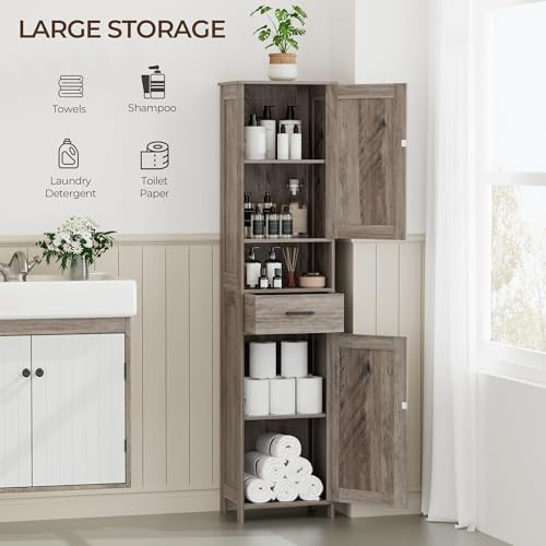 Homhedy 67" H Tall Bathroom Storage Cabinet with Barn Doors and Drawer | Narrow Storage Unit with Adjustable Shelves, Floor Cabinet for Bathroom, Living Room, Entryway or Kitchen, Greige, 15.7" W
