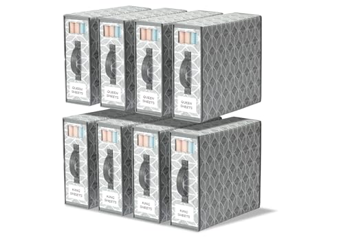 Yecaye Sheet Organizers and Storage, Linen Closet Organizer, 8 Pack, Grey | Foldable Fabric Organizers with Clear Window, Labels and Handles for Queen & King Sheet Sets, Duvet Covers and Pillowcases