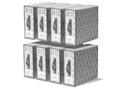 Yecaye Sheet Organizers and Storage, Linen Closet Organizer, 8 Pack, Grey | Foldable Fabric Organizers with Clear Window, Labels and Handles for Queen & King Sheet Sets, Duvet Covers and Pillowcases