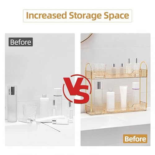 YCIA&DONE 2 Tiers Narrow Vanity Makeup Organizer, Bathroom Organizers Countertop Slim, Perfume Holder Skincare Storage Cosmetic Shelf Spice Rack, for Small Desktop Counter Space, Amber Gold