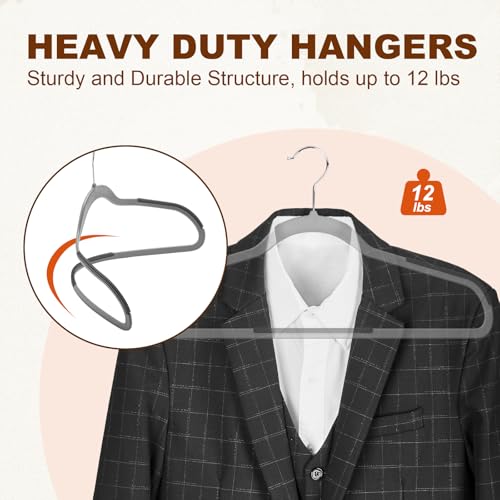 HOUSE DAY Non Slip Plastic Clothes Hangers 60 Pack with Rubber Pads, Grey | Space-Saving 0.2-Inch Slim Design; Heavy-Duty and 360° Swivel Hooks Keep Shirts, Coats, Suit, Blouse and Pants Organized