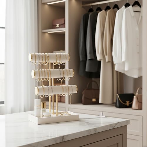 Pangkeep 3 Tier Bracelet Necklace Holder,Jewelry Displays for Vendors,T Bar Velvet Jewelry Stand with Tray,Jewerly Organizer for Bangles Necklace Scrunchie Watches Rings (Beige)