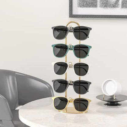 Metal Sunglass Organizer,Glasses Holder,Eyeglass Holder,Sunglass Storage Eyeglasses Rack Metal Frame for 5 Pairs (1, Gloden)