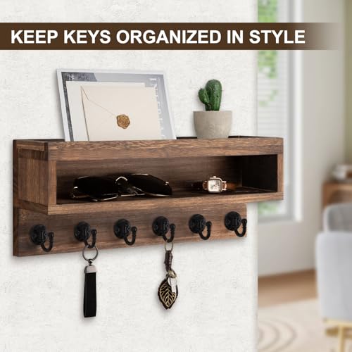 Key and Mail Holder Wall Mount, Key Hanger with Long Storage Box and 6 Hooks for Coat, Dog Leash, Home Decor Rack, House Accessories, Entry Way Organizer (Brown)