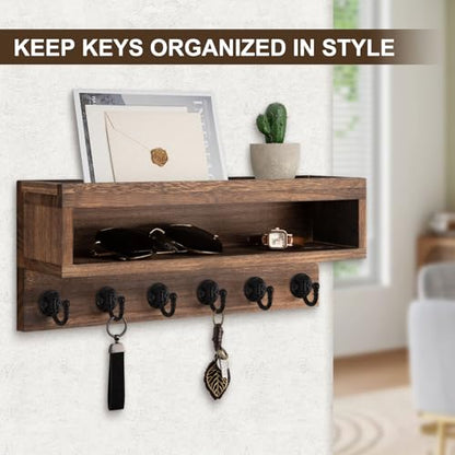 Key and Mail Holder Wall Mount, Key Hanger with Long Storage Box and 6 Hooks for Coat, Dog Leash, Home Decor Rack, House Accessories, Entry Way Organizer (Brown)
