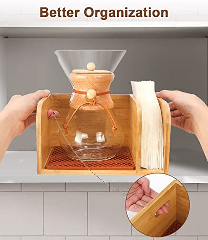 Bamboo Caddy with Lid & Heatproof Trivets Mat for Chemex CoffeeMakers | Bamboo Cup not Included - Designed for Chemex Pour - Over Glass Coffeemaker(3/5/6/8/10Cup), for Bodum Pour Over Coffee makers