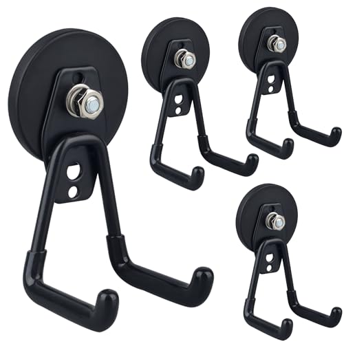 Heavy Duty Magnetic Garage Hooks,4 Pack Strong Large Magnet Hook for Power Drill,Garden Tools,Hose,Pegboard,Garage, Workshop,Magnetic Storage Hooks for Indoor Outdoor Hanging(Black)