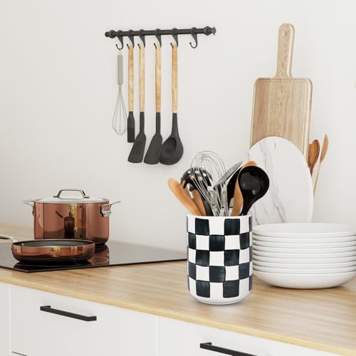 Kitchen Utensil Holder 6.3 Inch Checkered Ceramic... (Black | Ceramic)