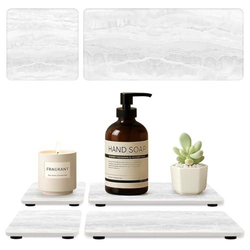 4 Pcs Water Absorbent Stone Dry Tray for Bathroom Sink Kitchen Counter Tray | Diatomite Stone Quick Drying Diatomaceous Earth Mat Soap Dispenser Dish Sponge Holder Ceramic Marble Bathroom Vanity Trays