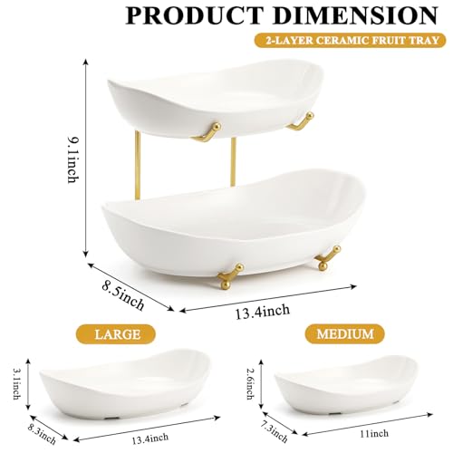 Large Size 2 Tier Ceramic Fruit Bowl,（13.4 and 11... (Gold and White | Ceramic)
