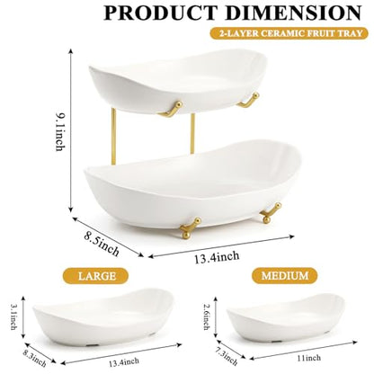 Large Size 2 Tier Ceramic Fruit Bowl,（13.4 and 11... (Gold and White | Ceramic)