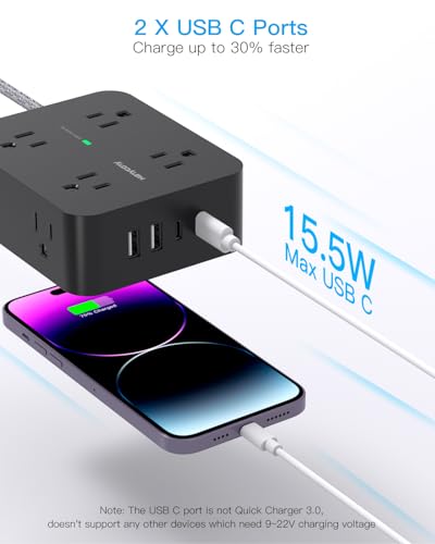 HANYCONY Surge Protector Power Strip, 1080J, 5 Ft Braided Extension Cord | 8 Outlets 4 USB Ports(2 USB C), Outlet Extender, Flat Plug, Wall Mount, Desk Charging Station, Home Office, Dorm Room ETL