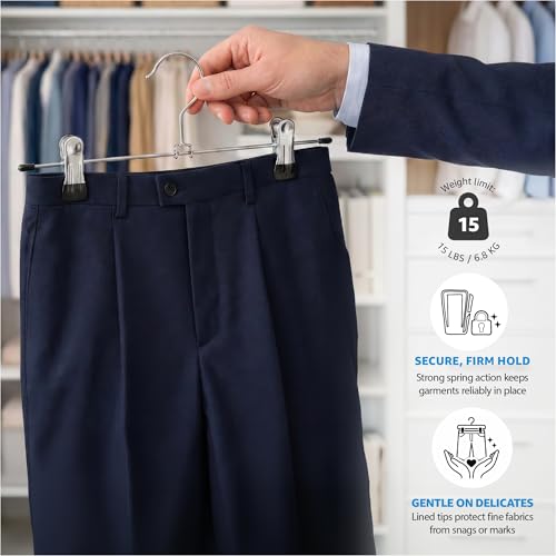 ZOBER Metal Pants Hangers with Clips - Pack of 20 Space Saving Skirt Hangers for Women - Chrome, Non-Slip, Adjustable Clips, for Pants, Skirts, Jeans Closet Organization, College Dorm Essentials
