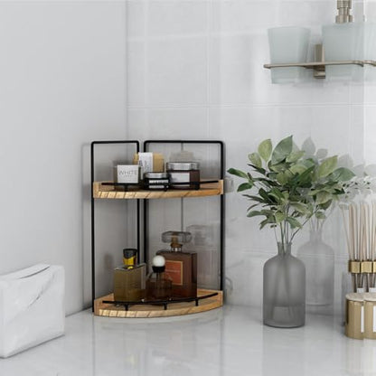 Dorhors Corner Bathroom Counter Organizer,Vanity Countertop Storage Shelf | 2-Tier Rustic Brown Rack Holder for Skincare,Perfume,Makeup,Lotion,Wood Sink Tray Stand for Kitchen,Restroom,Dresser